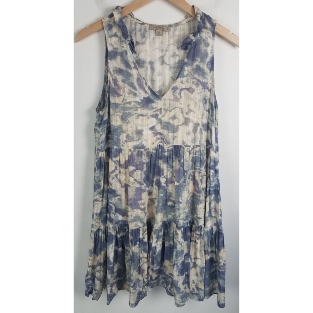 Wonderly Women's Sz. M Blue & White Tie Dye Sleeveless Tiered Mini Dress